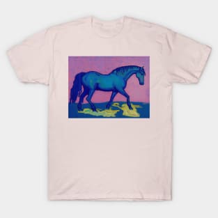 Abstract Blue Horse on Pink Background T-Shirt